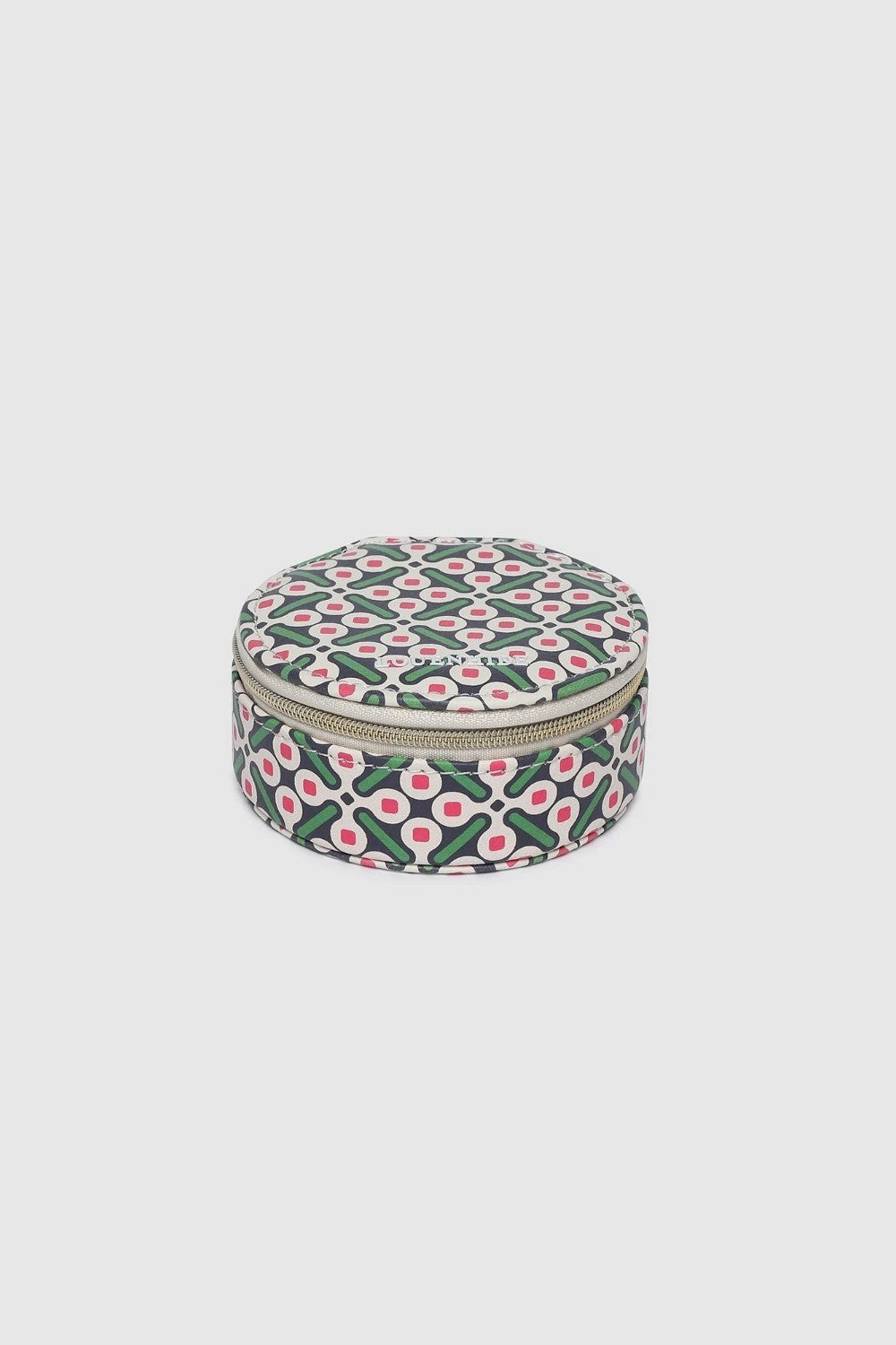 A round zippered jewelry organizer case with a green, pink, and white pattern on a white background.