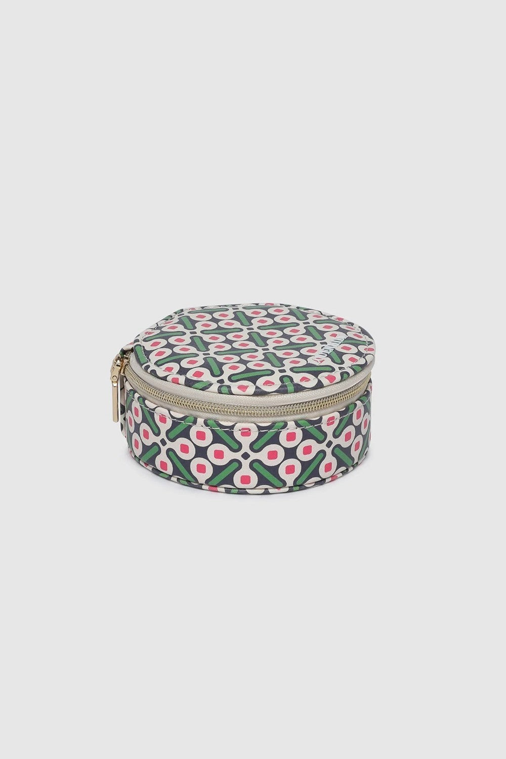 A round zippered jewelry organizer case with a green, pink, and white pattern on a white background.