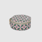 A round zippered jewelry organizer case with a green, pink, and white pattern on a white background.