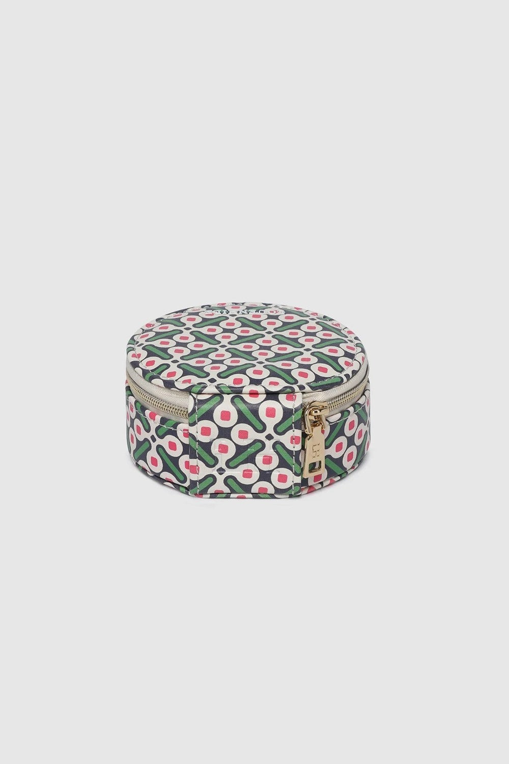 A round zippered jewelry organizer case with a green, pink, and white pattern on a white background.