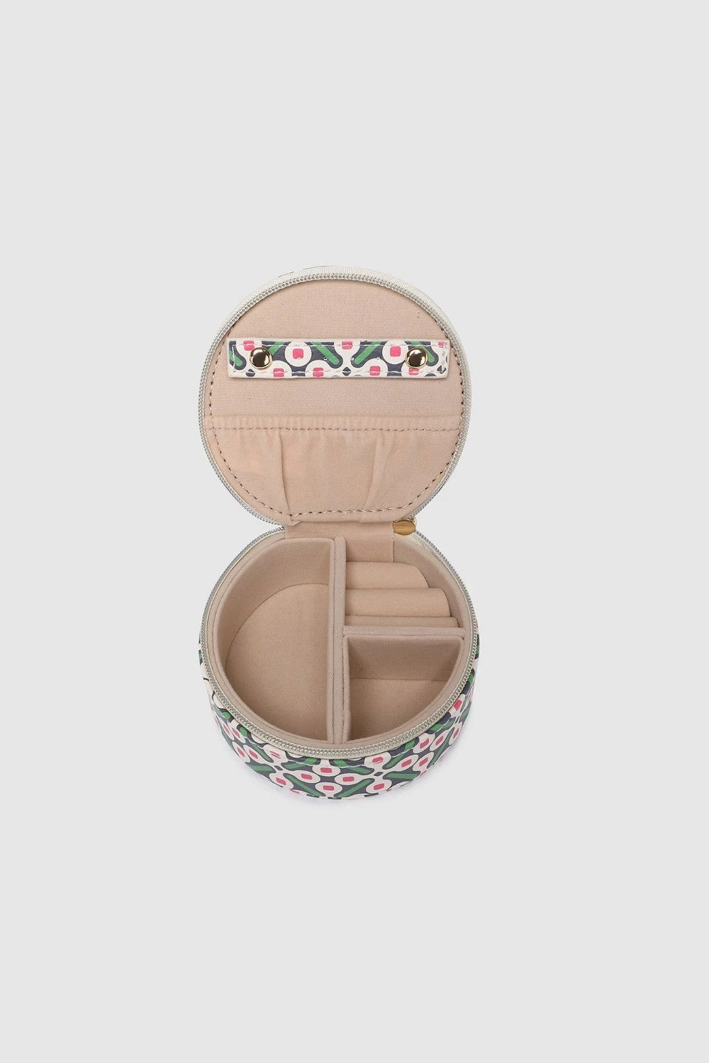 A round zippered jewelry organizer case with a green, pink, and white pattern on a white background.