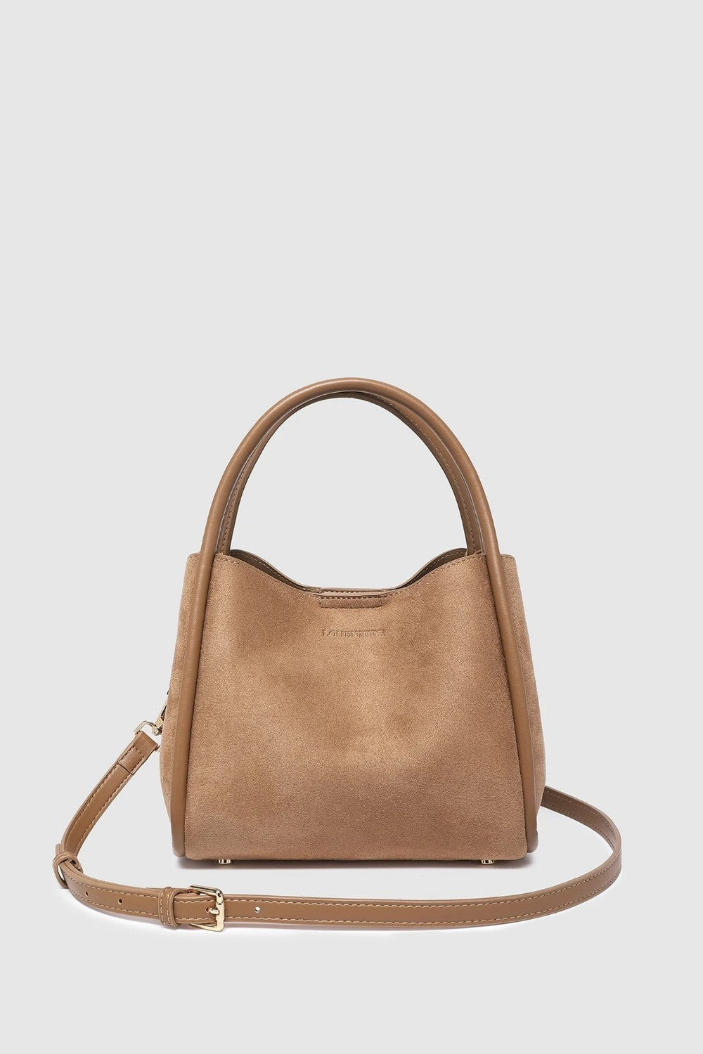 A tan leather handbag with a top handle and a detachable shoulder strap, displayed against a light gray background.
