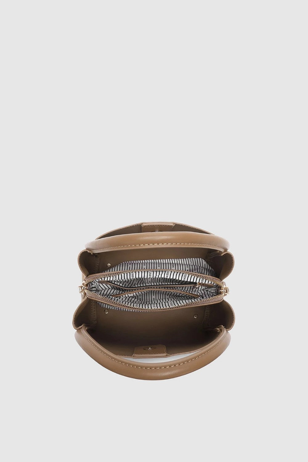 A top-down view of a tan zippered bag, shown open to reveal a striped fabric lining inside, set against a solid light gray background.