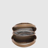 A top-down view of a tan zippered bag, shown open to reveal a striped fabric lining inside, set against a solid light gray background.