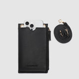 Black phone case with a strap on a light gray background