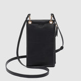 Black crossbody bag on a light gray background