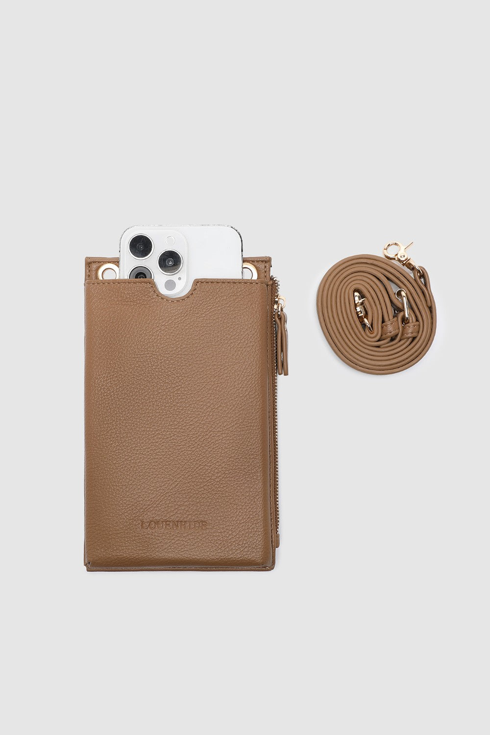 Brown phone case with a strap and smartphone on a light gray background