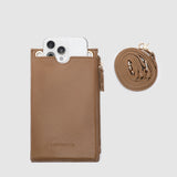 Brown phone case with a strap and smartphone on a light gray background