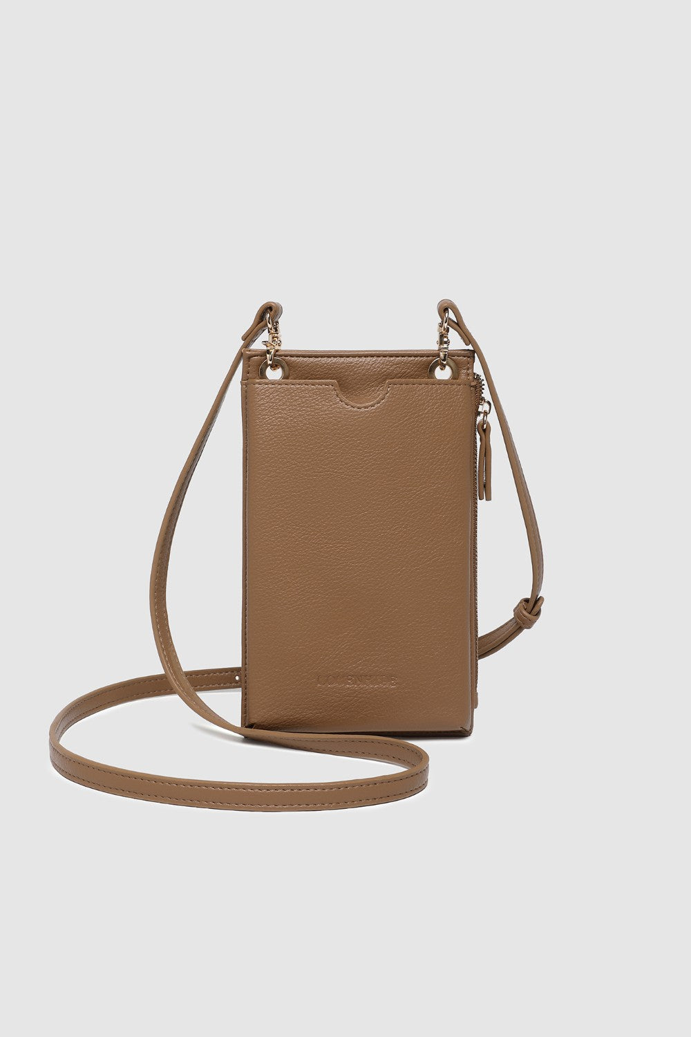 Brown leather crossbody bag on a light gray background