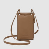 Brown leather crossbody bag on a light gray background