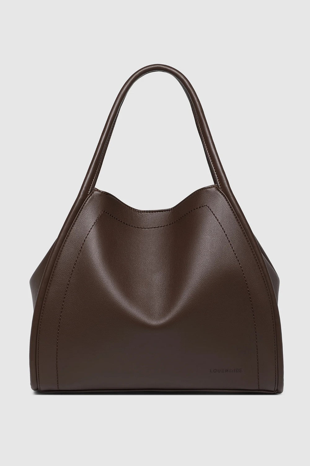 A dark brown leather hobo handbag with a slouchy, curved silhouette and double shoulder straps, shown against a light gray background.