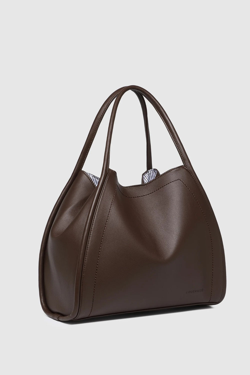A dark brown leather slouchy handbag with double shoulder straps, shown from a three-quarter angle against a light gray background.