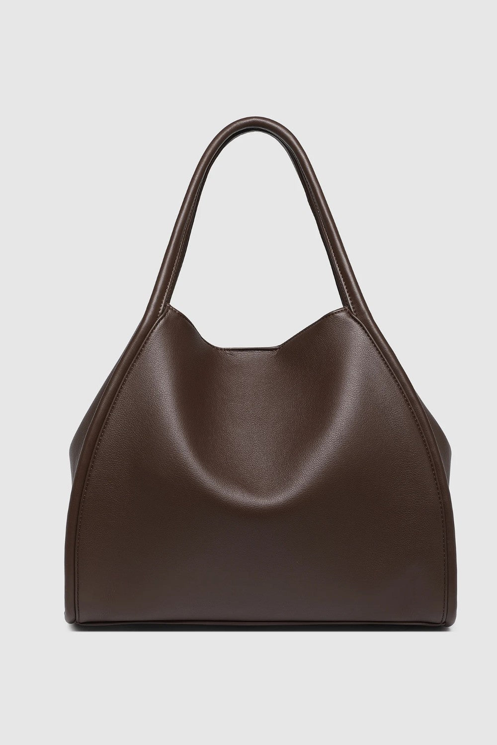 A dark brown leather slouchy handbag with double top handles, photographed against a neutral light gray background.