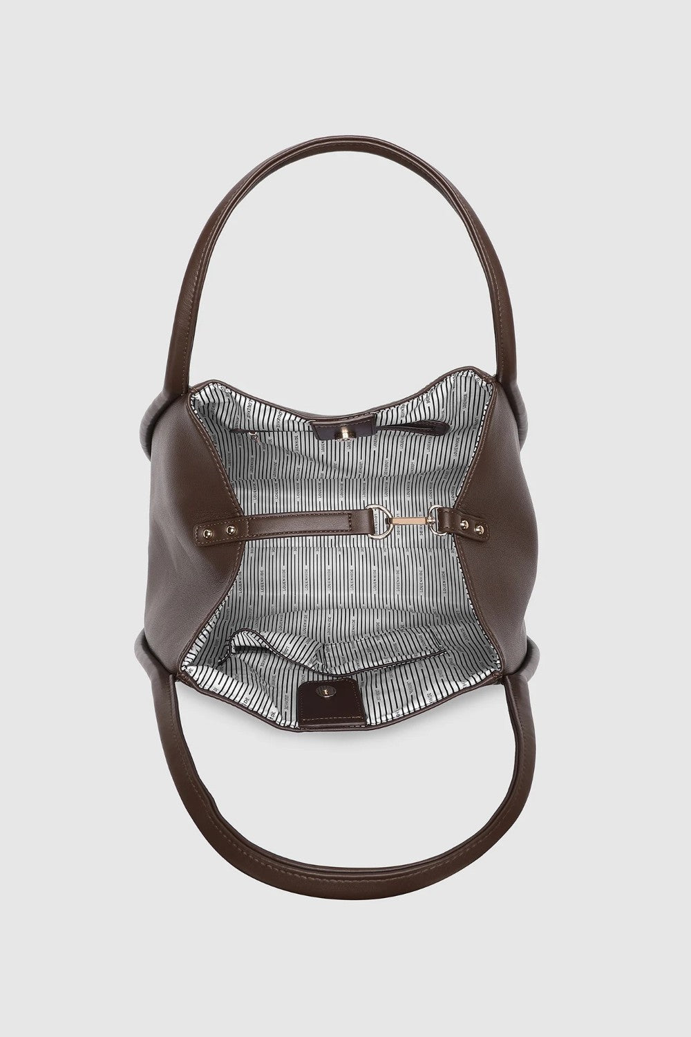 A brown leather shoulder bag shown from a top-down view, featuring a striped patterned lining visible inside.