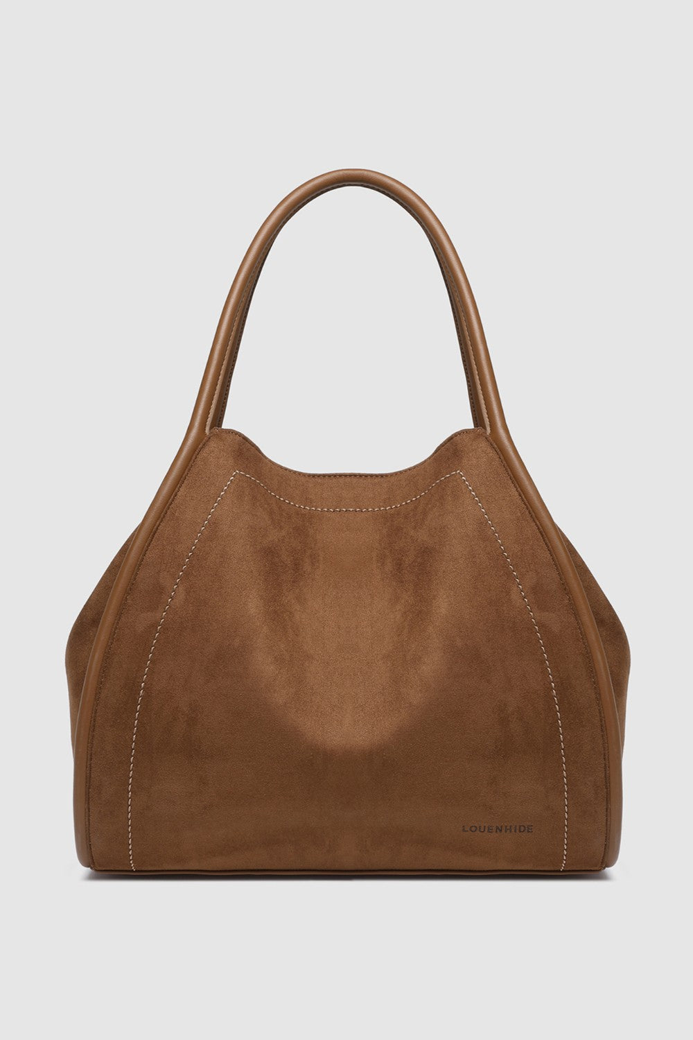 Brown suede handbag on a light gray background
