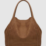 Brown suede handbag on a light gray background