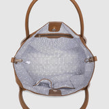 Brown handbag with a striped interior on a light gray background
