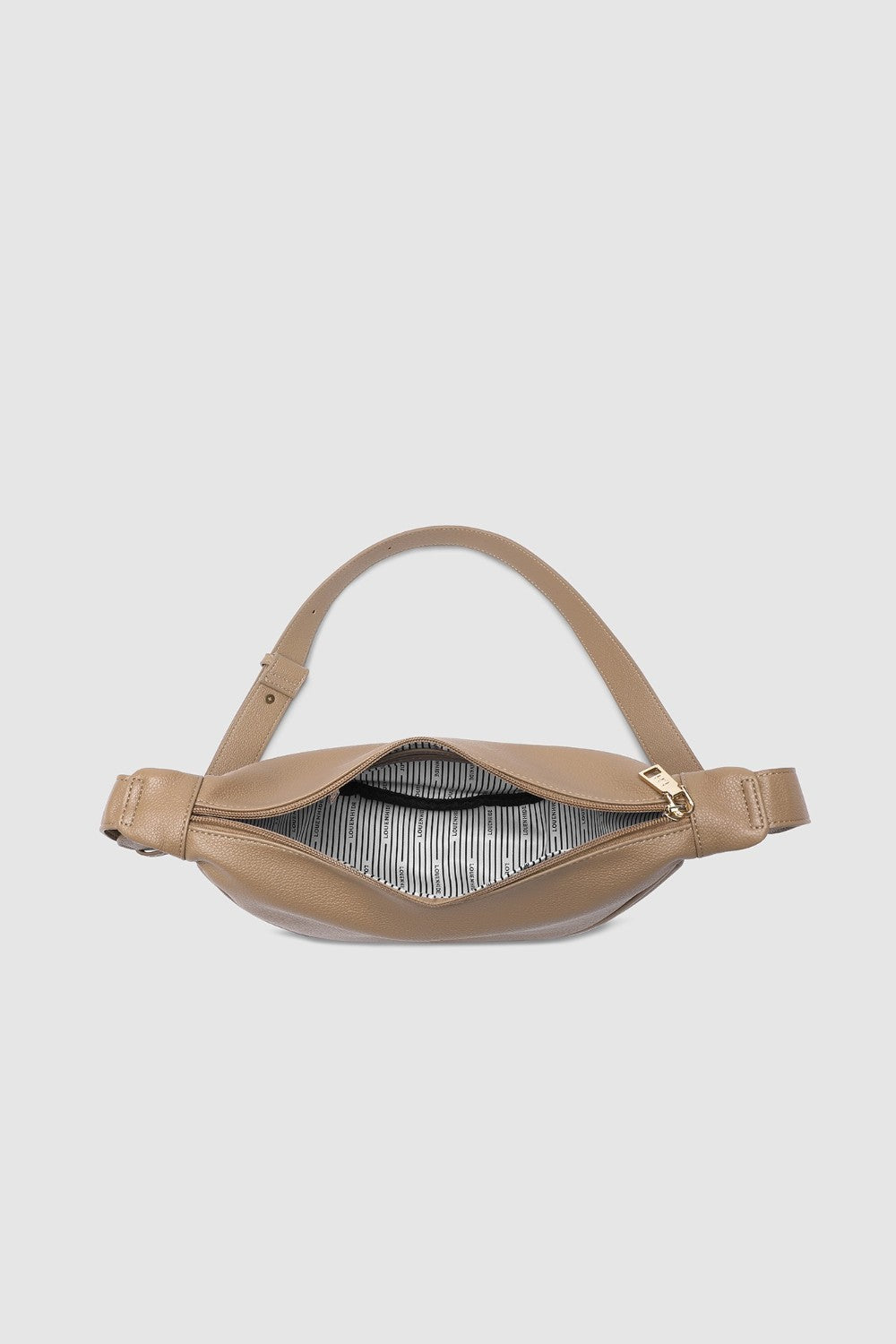 Beige bag with a zipper on a light gray background