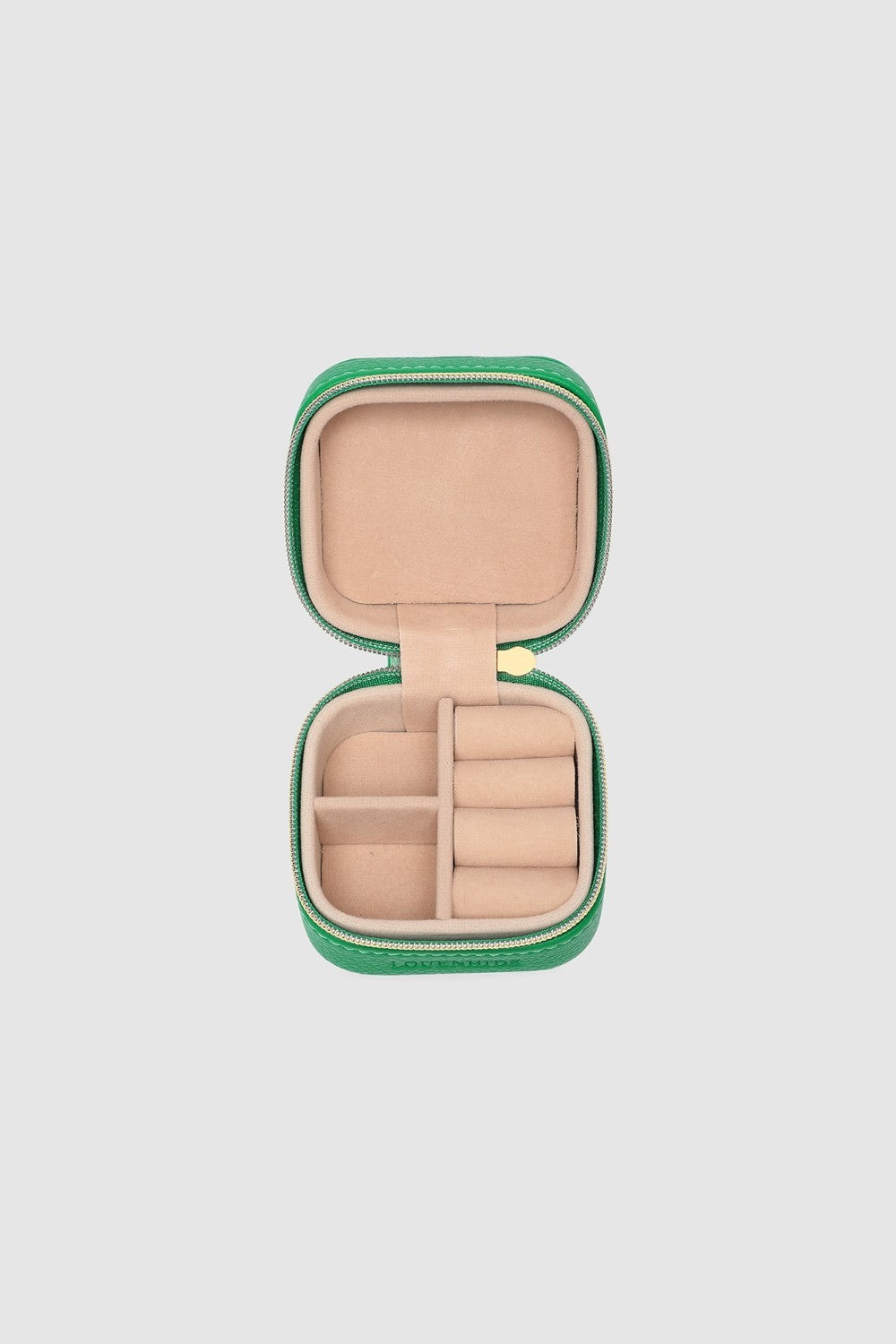 Green jewelry box  on a light gray background