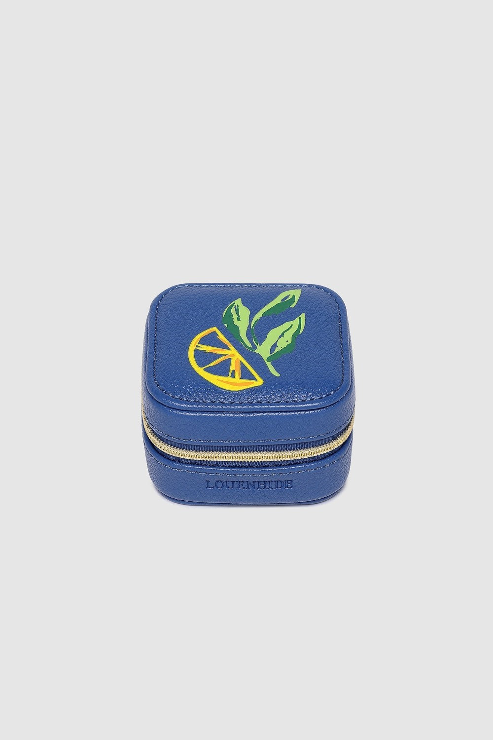 Blue jewelry box with a green and yellow design on a light gray background