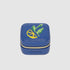 Blue jewelry box with a green and yellow design on a light gray background