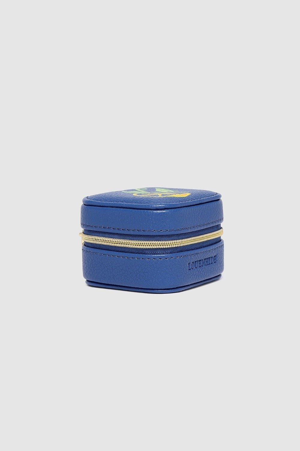 Blue jewelry box with gold zipper on a light gray background
