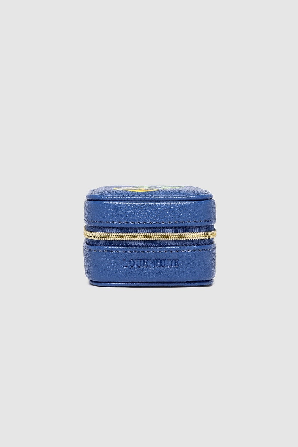 Blue jewelry box with gold zipper on a light gray background