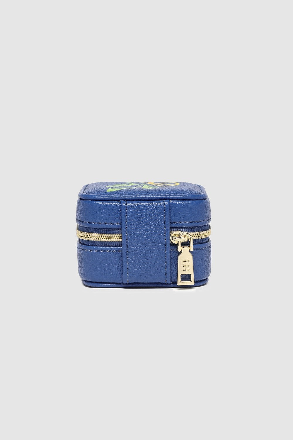 Blue jewelry box with gold zipper on a light gray background