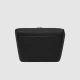 Black handbag on a light gray background