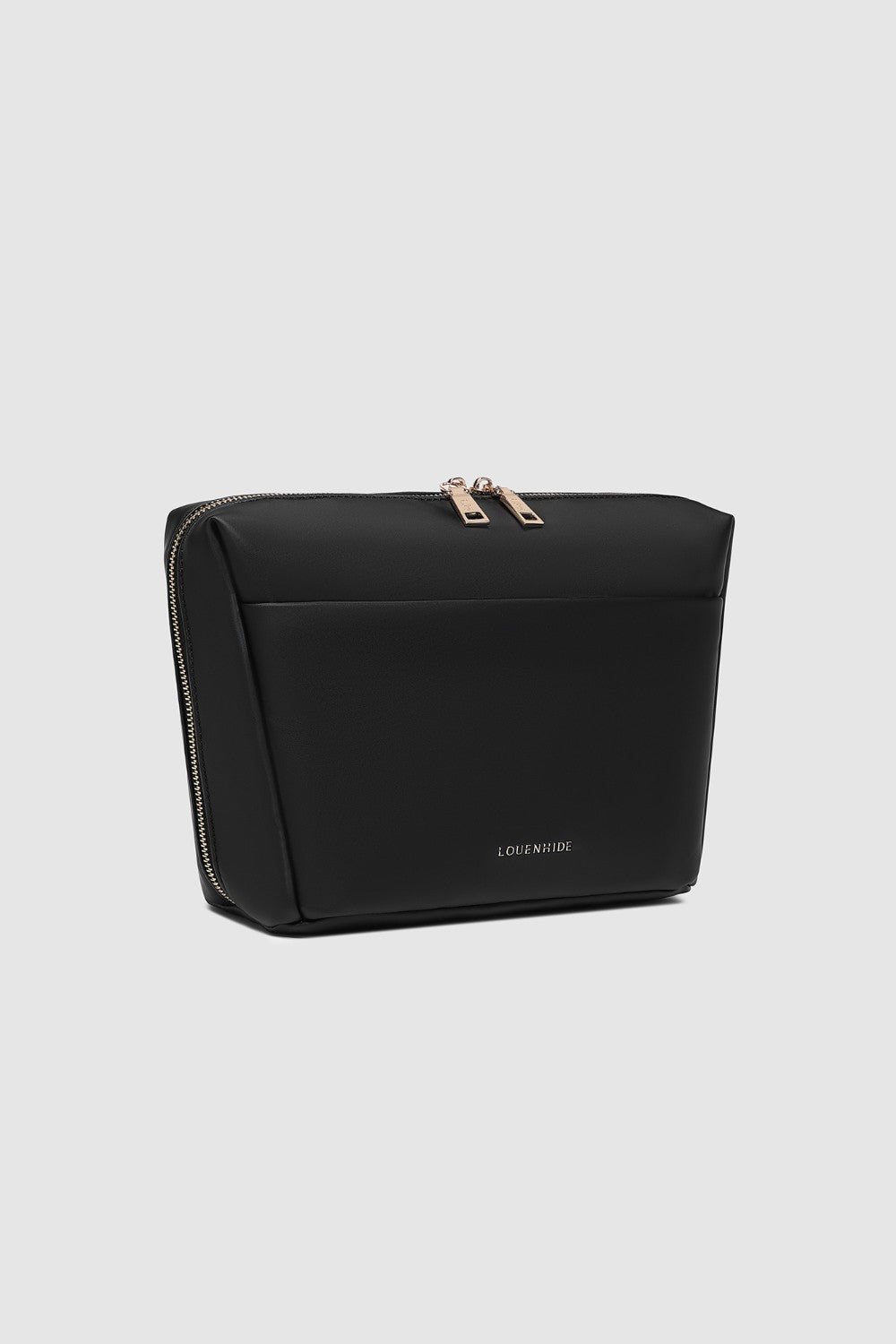 Black pouch with gold zipper on a light gray background