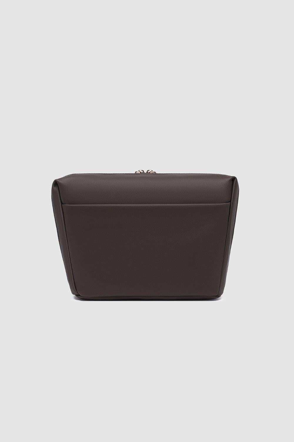 Dark brown pleather handbag on a light gray background