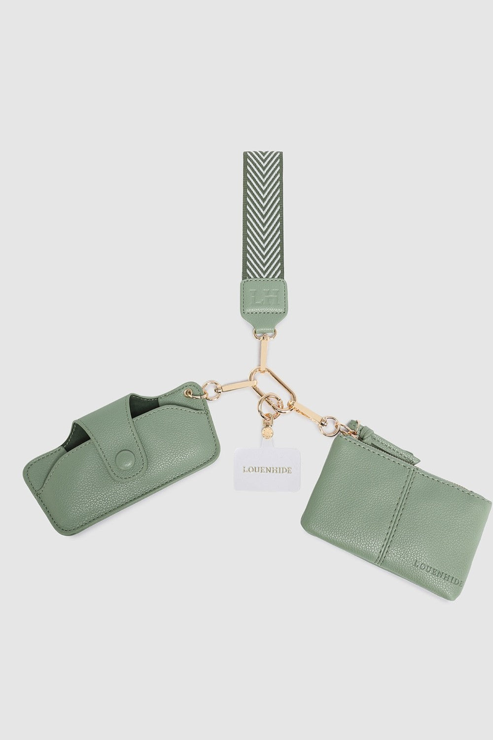 Green pleather pouch with strap and card holder on a white background