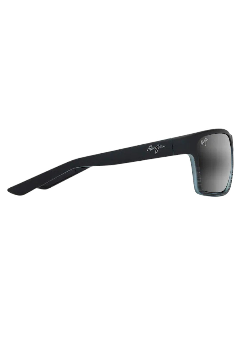 Sunglasses with a black frame and gray gradient lens on a white background