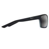 Sunglasses with a black frame and gray gradient lens on a white background