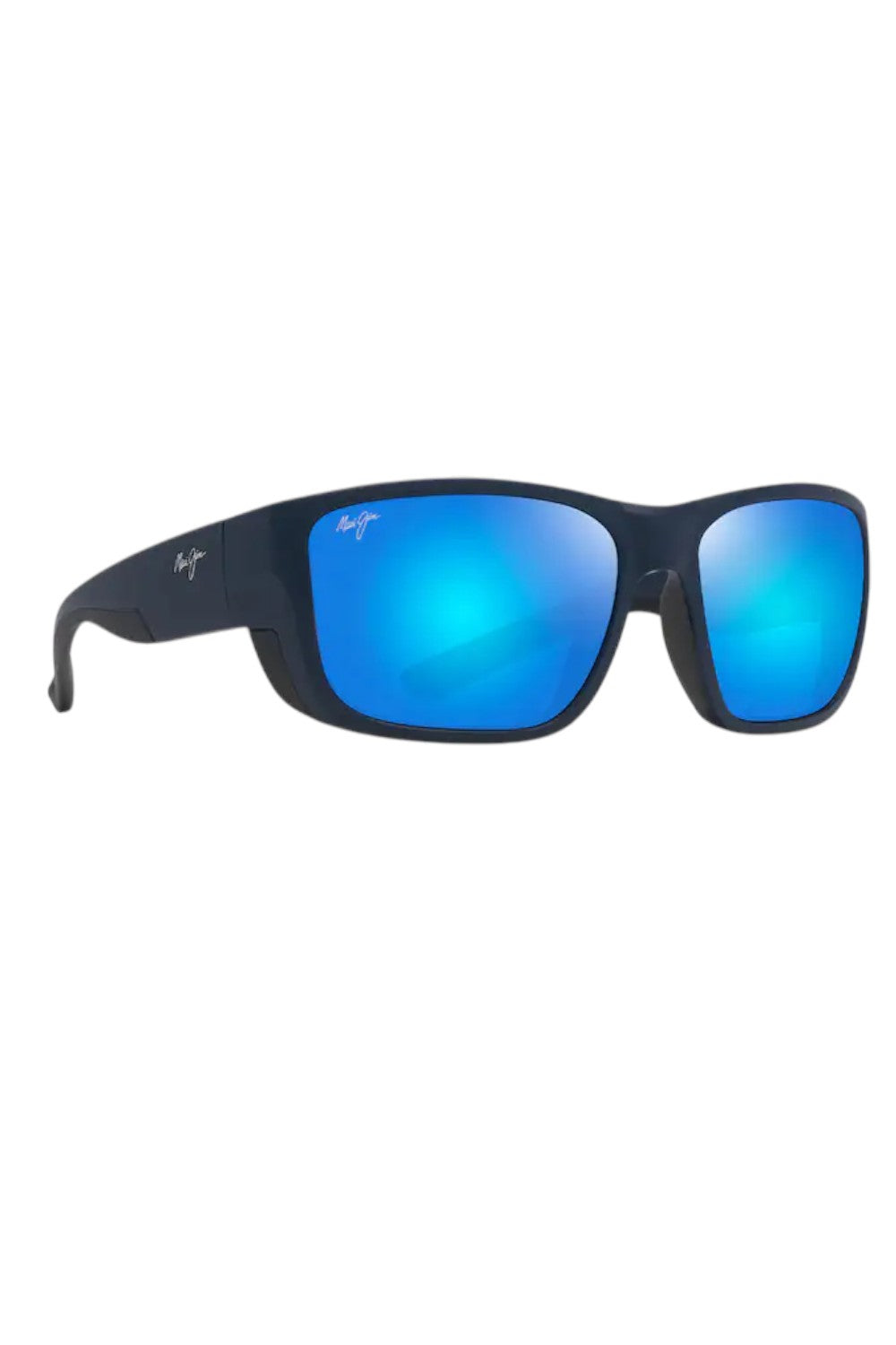 Sunglasses with blue reflective lenses and black frame on a white background