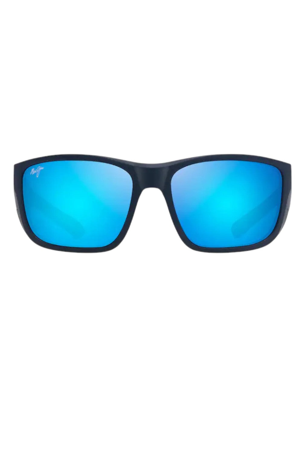 Blue sunglasses with black frame on a white background