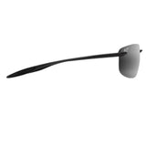 Sunglasses with a black frame and reflective lenses on a white background