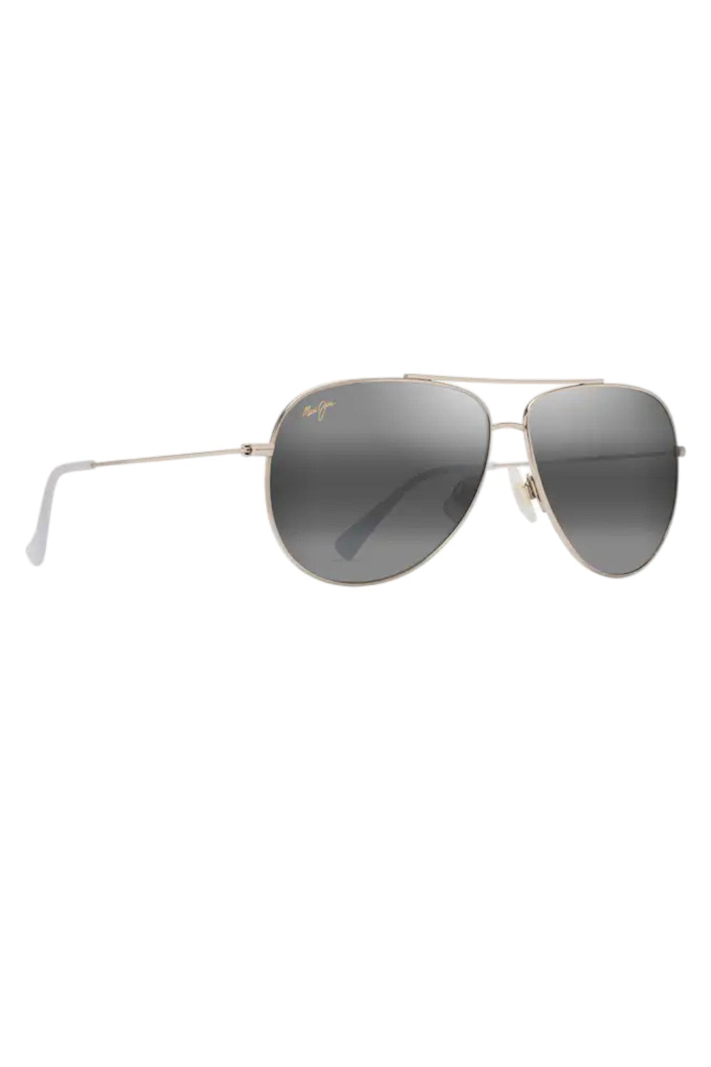 Aviator sunglasses with gray gradient lenses on a white background