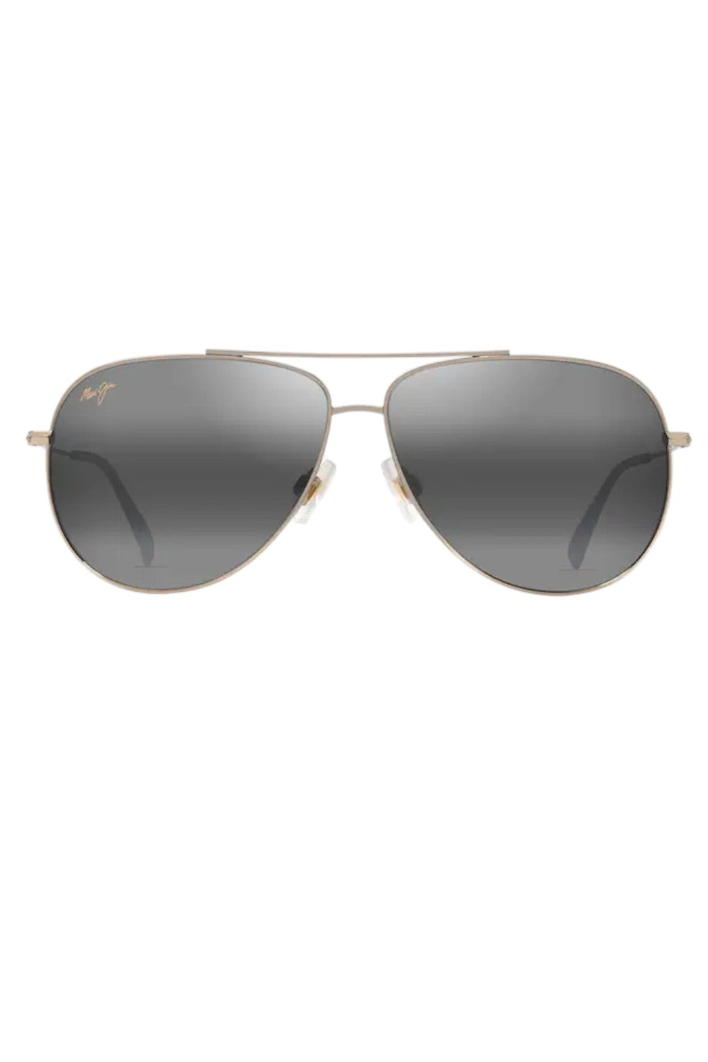 Aviator sunglasses with gold frame and dark gradient lenses on a white background