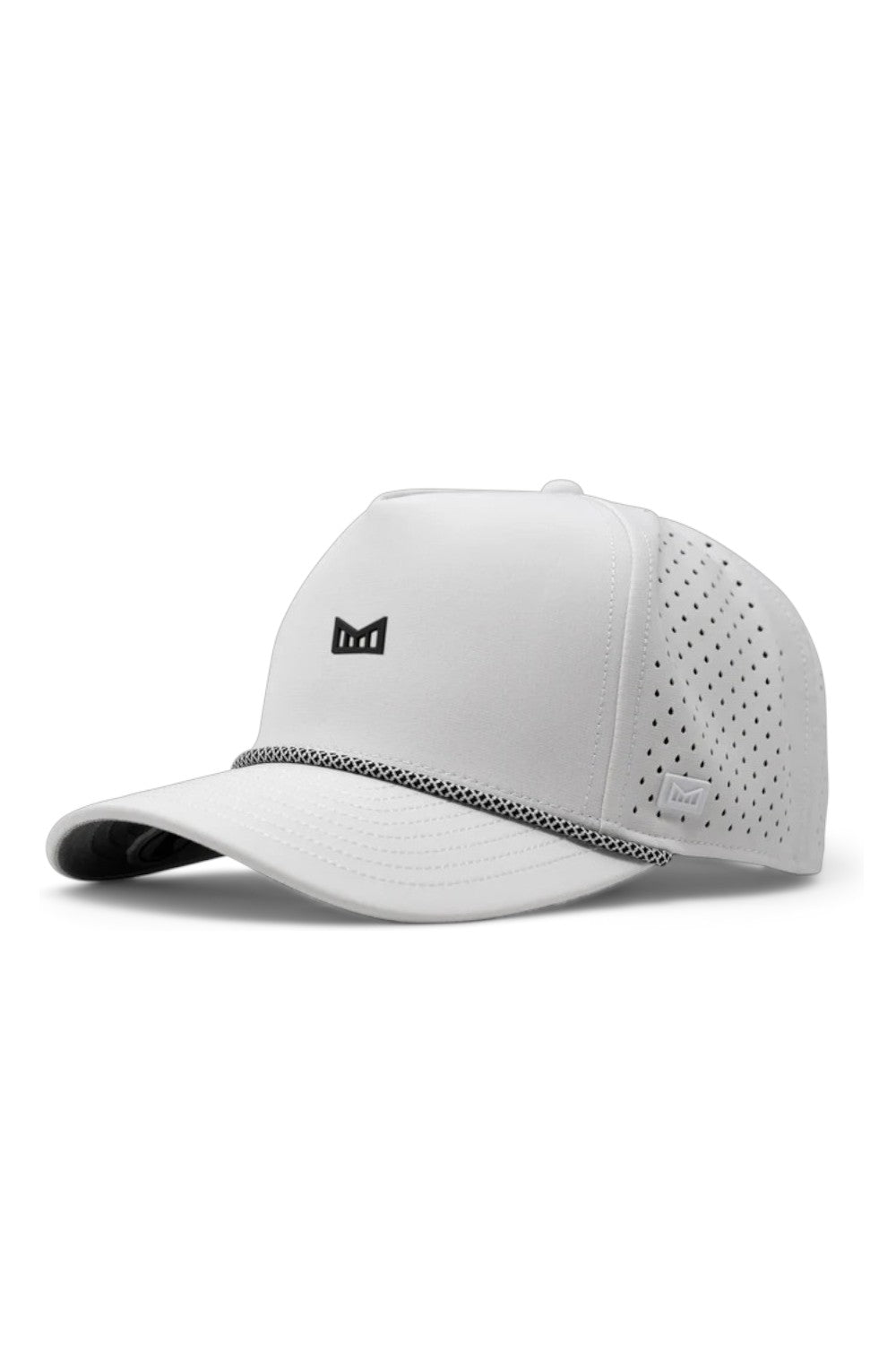 White baseball cap with a small logo on a white background