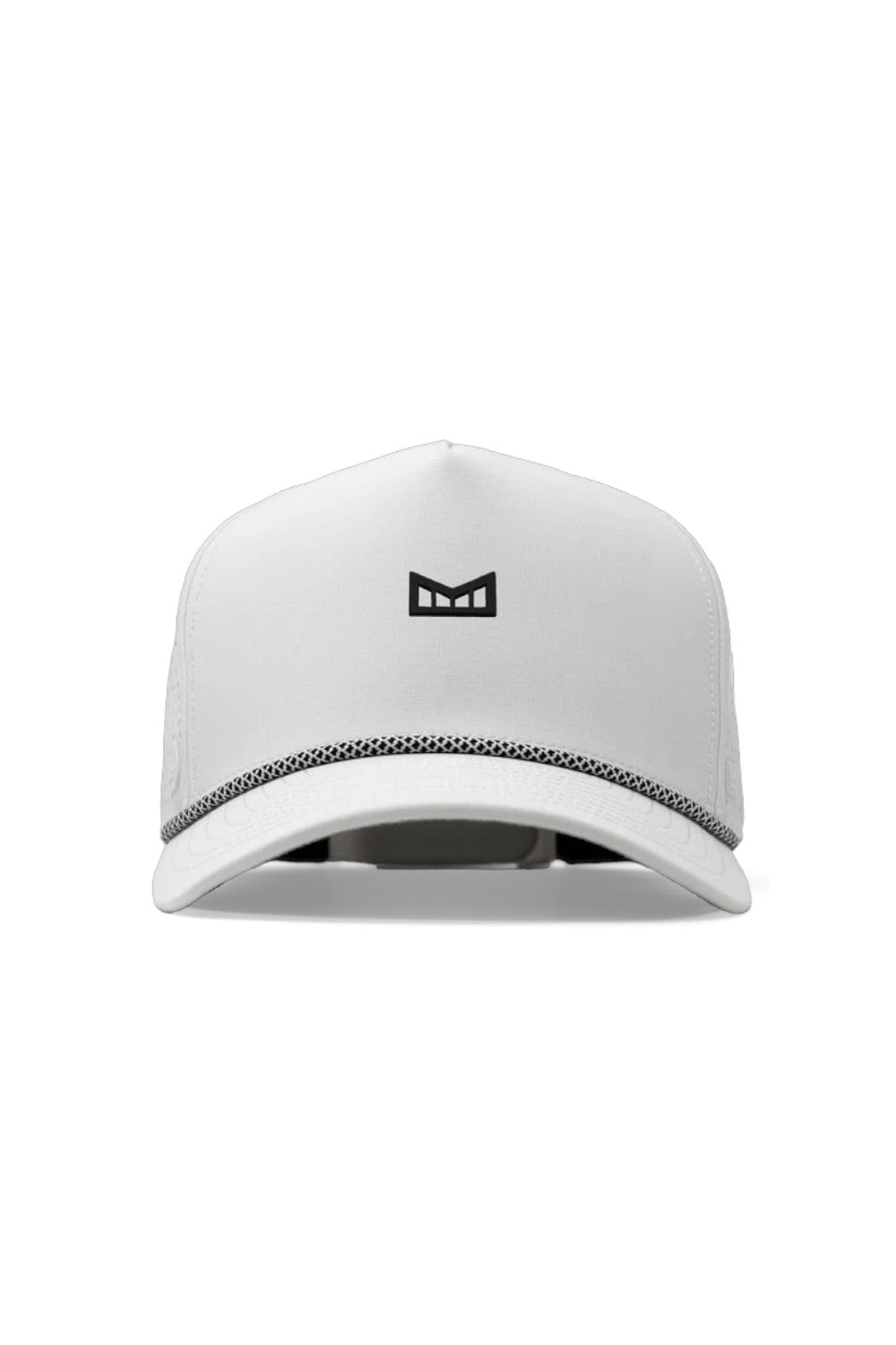White cap with a black logo on a white background