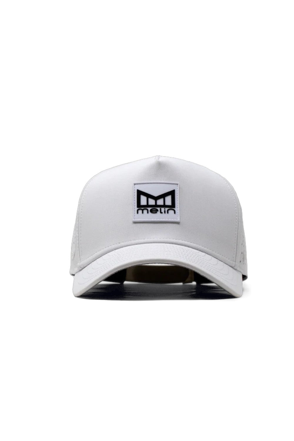 White cap with a black logo on a white background