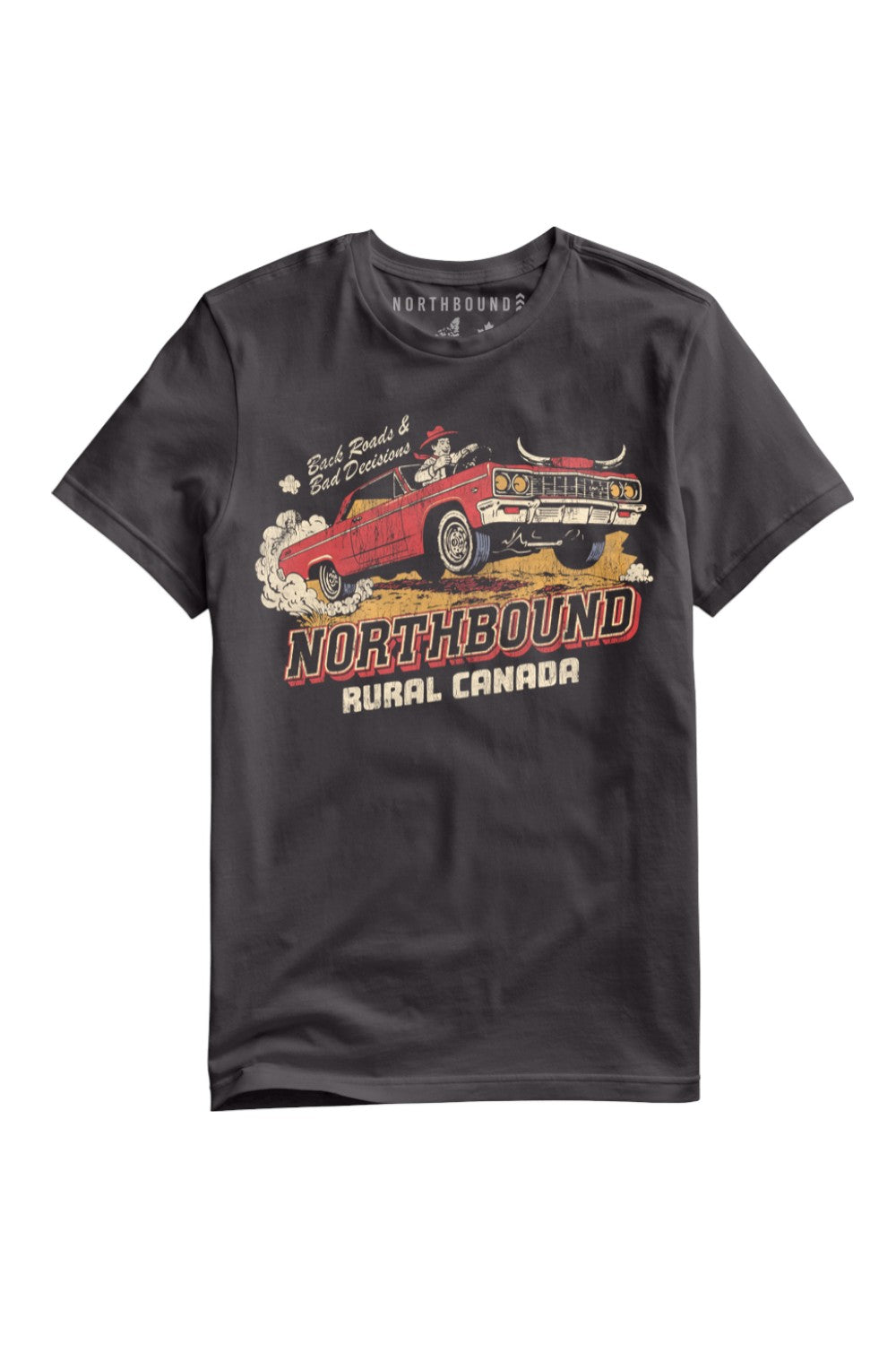 Black t-shirt with a graphic design of a red car and text on a white background