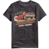 Black t-shirt with a graphic design of a red car and text on a white background