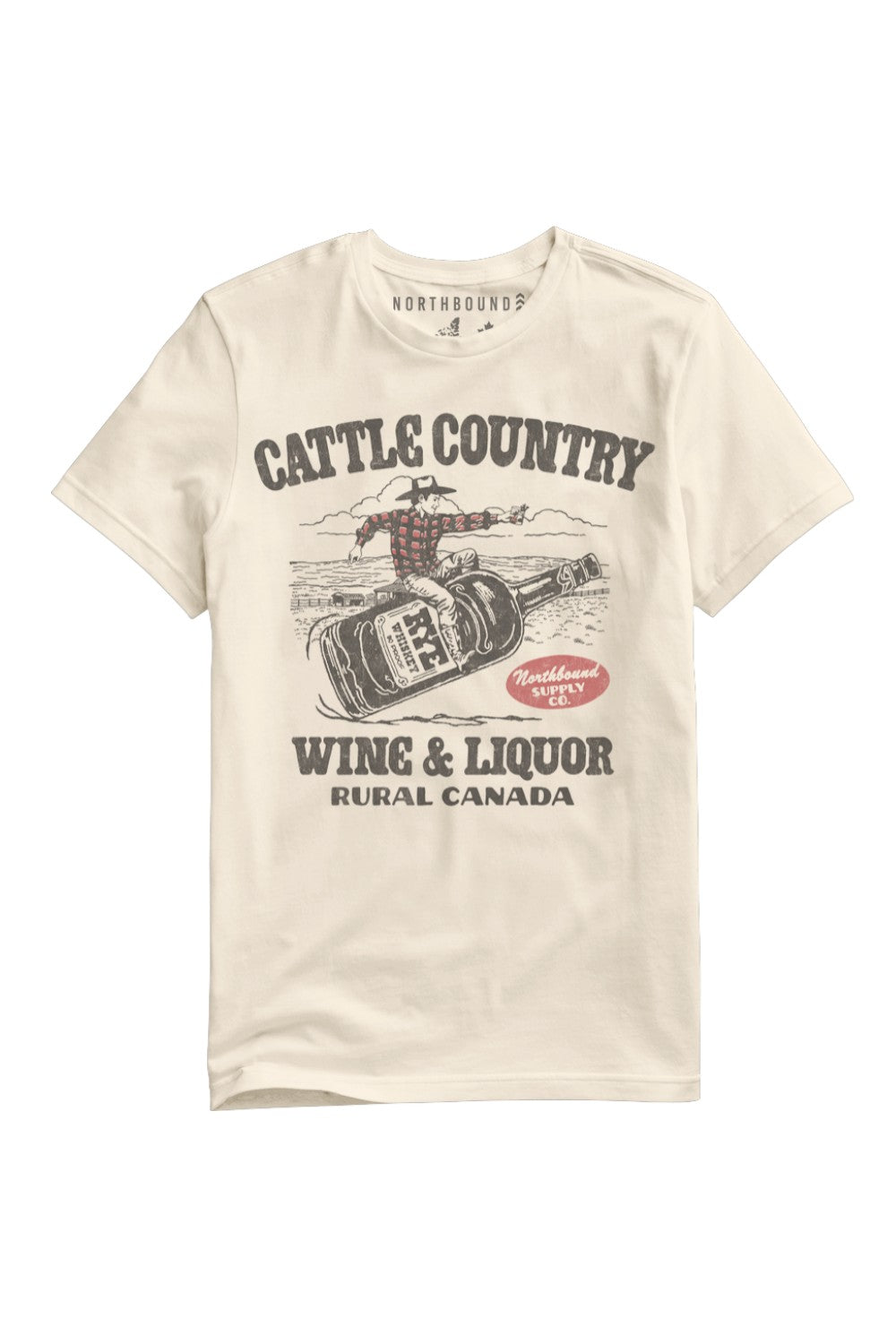 Beige t-shirt with graphic design and text on a white background