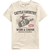 Beige t-shirt with graphic design and text on a white background