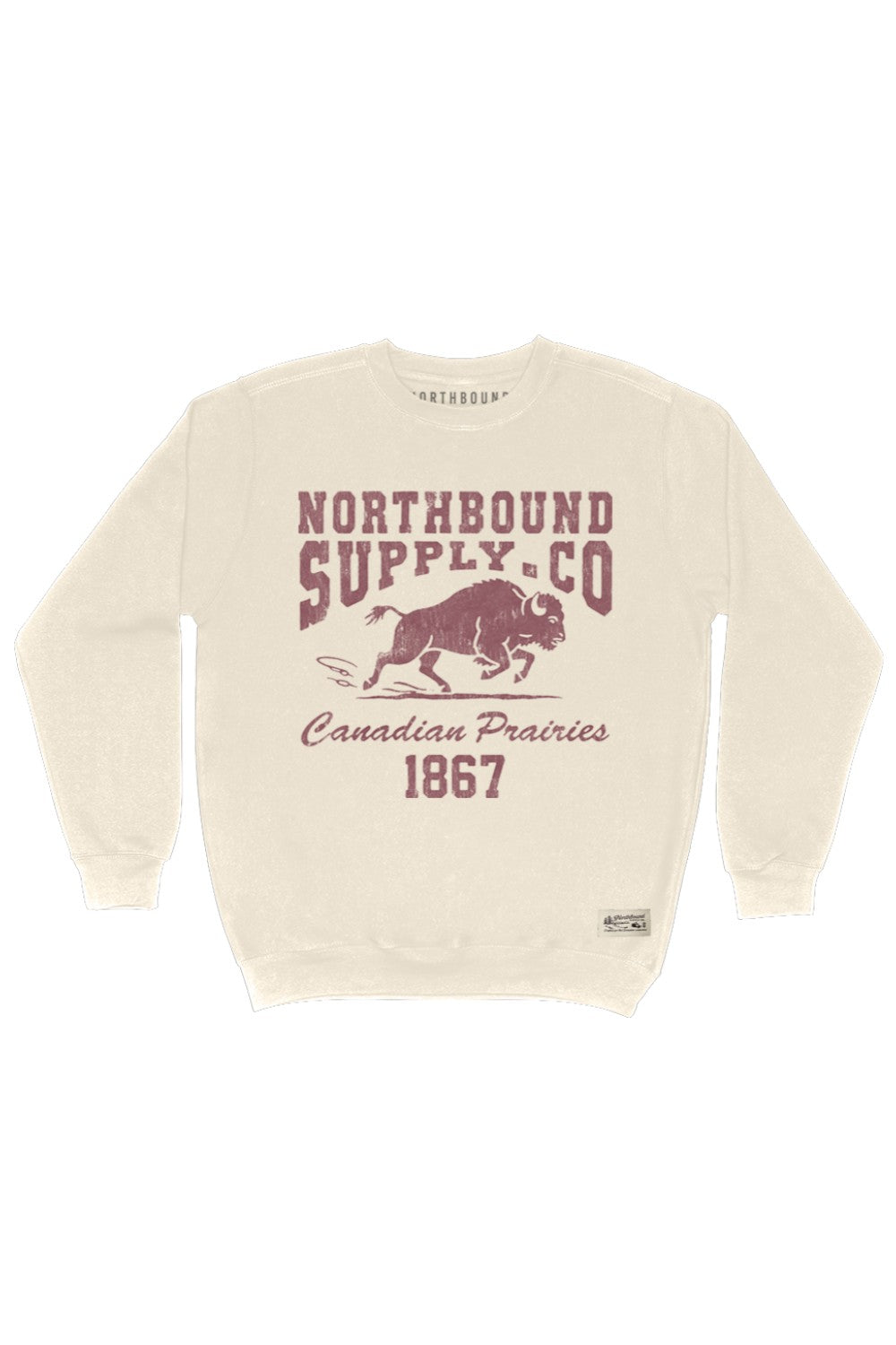 Beige sweatshirt with maroon text and logo on a white background