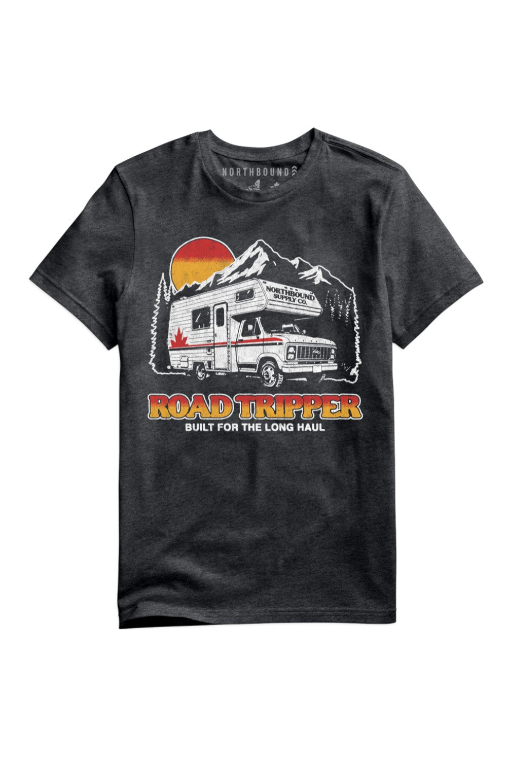 Black t-shirt with 'Road Tripper' graphic design featuring an RV and mountains on a white background.
