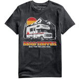 Black t-shirt with 'Road Tripper' graphic design featuring an RV and mountains on a white background.