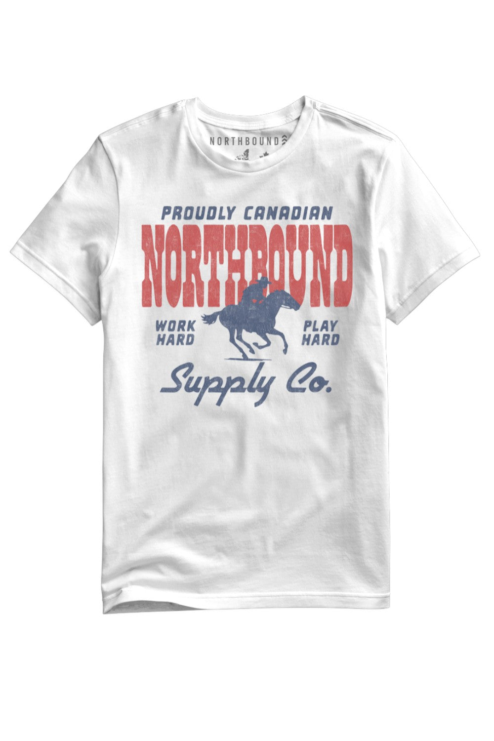 White t-shirt with red and blue text and graphics on a white background